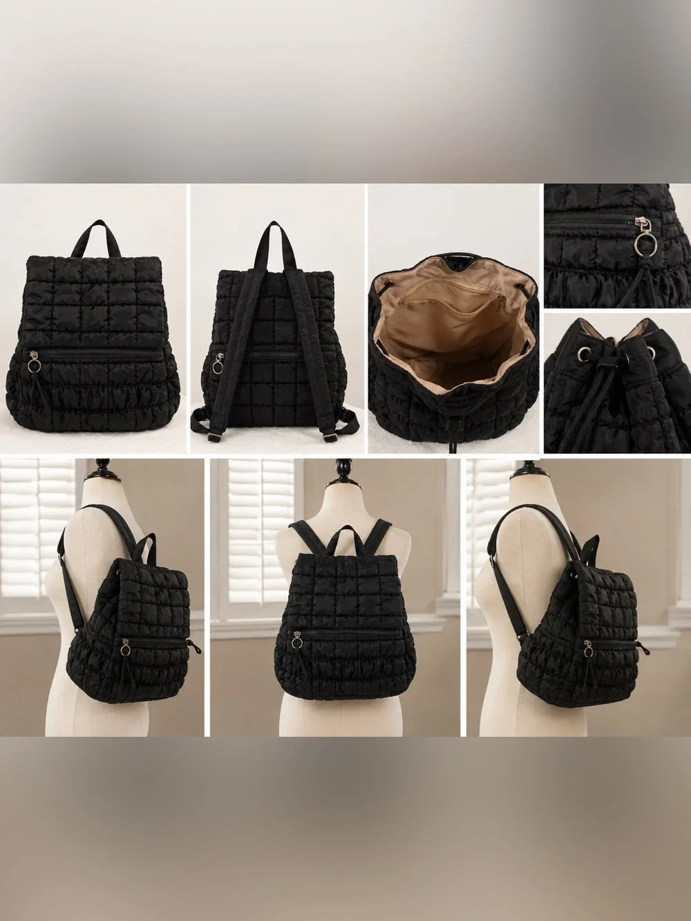 Quilted Drawstring Backpack - Black